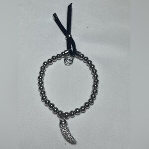 Michael Kors Silver Beaded Bracelet with Pave Horn Charm and Black Cord
